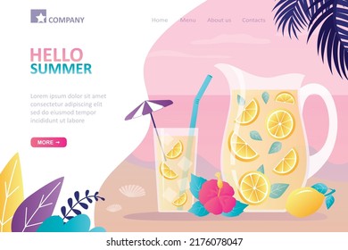 Pitcher full of drink with lemon slices and ice. Cold homemade lemonade in summer time. Glass with cooling citrus cocktail. Refreshing natural juice. Landing page template. Flat vector illustration