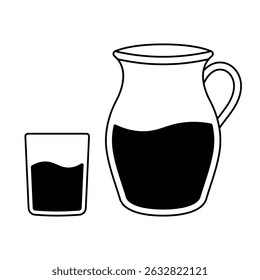 Pitcher and Glass with Liquid Silhouette Vector. Black and white vector illustration featuring a large pitcher and a drinking glass, both partially filled with liquid.