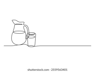 Pitcher and glass of milk continuous one line drawing vector illustration