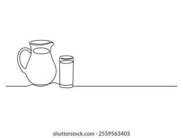 Pitcher and glass of milk continuous one line drawing vector illustration