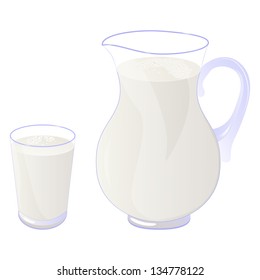 Pitcher and glass of milk isolated on white. Vector illustration