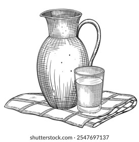 Jarra y vaso con Ilustración vectorial láctea. Dibujo lineal de jarra con agua de pie sobre un mantel a cuadros para la receta en el libro de cocina o menú. Aguafuerte de contorno negro de producto lácteo.