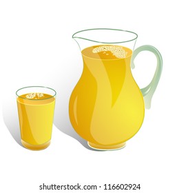 pitcher and glass of orange drink isolated on white