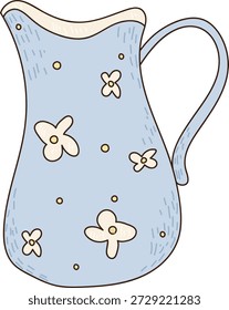 Pitcher with handle and spout decorated with small flower motif and dots in hand drawn doodle look. Symbol of home comfort, kitchen decor, and rustic charm. Cartoon vector illustration.