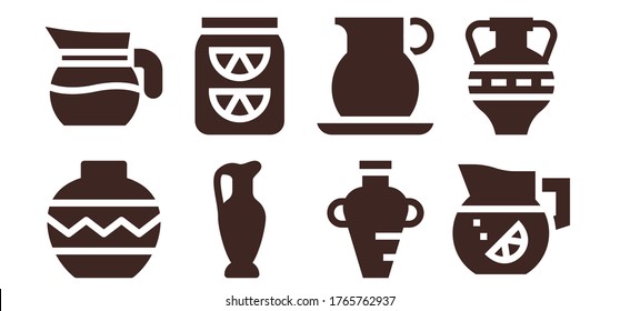 pitcher icon set. 8 filled pitcher icons. Included Vase, Jug, Lemonade, Amphora icons
