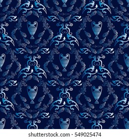 Pitcher, jug, amphora, floral motifs. Elegant vector seamless pattern background for fabrics, wallpaper, interior, wall-coverings. Illustration of ancient medieval greek vase on dark blue background.