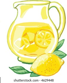 Pitcher of lemonade with fresh lemon.