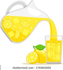 Pitcher lemonade is pouring into a glass, lemon slices, ice