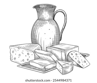 Pitcher with milk and Cheese slices vector illustration. Outline drawing of dairy products painted by black inks for cookery book or menu. Linear sketch of food and drinks with jug and farm products.