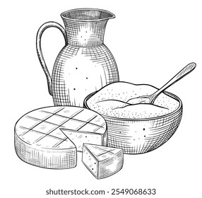 Pitcher with Milk and cheese wheel vector illustration. Linear drawing of dairy products painted by black inks. Outline etching with bowl of curd. Monochrome engraving for cookery book or menu.