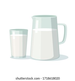 Cocina con leche y jarra de vidrio sobre fondo blanco. Ilustración vectorial