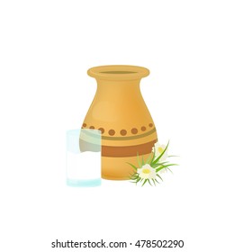 Pitcher of milk and glass of milk. Vector illustration isolated on white background. 