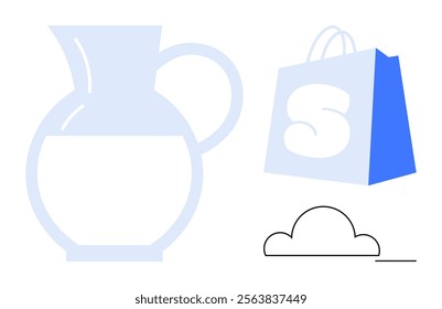 Pitcher of milk with a handle to the left, blue shopping bag with letter S in the middle, a black outline of a cloud with a line underneath it. Ideal for retail, kitchen, weather, milk, shopping