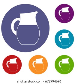 Pitcher of milk icons set in flat circle reb, blue and green color for web