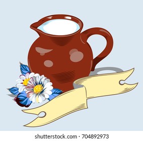 A pitcher with milk and rows of field flowers and a banner.
