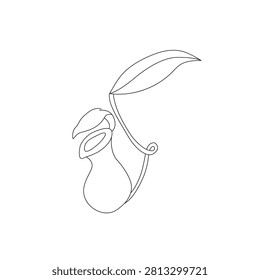 Pitcher plant line art vector illustration featuring an elegant minimalist outline of a carnivorous pitcher plant with graceful leaves and distinctive trap-shaped pitchers. Perfect for botanical branding, nature-themed designs, educational materials, gardening projects, logos, tattoo designs, websites, mobile apps, and creative graphic design. Fully editable and isolated on a white background.