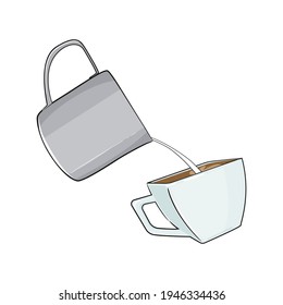 Pitcher pouring milk into coffee cup. Art barista tool. Vector illustration.