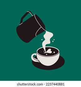 Pitcher pours milk in coffee cup. Coffee making process, logo coffee shop, menu design cartoon style. Vector illustration