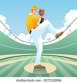 Pitcher is ready to throw the ball on the baseball match in the stadium vector illustration