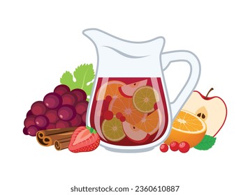 Pitcher of red sangria with fruit and spices vector illustration. Sangria drink icon vector isolated on a white background. Traditional spanish wine alcoholic beverage drawing