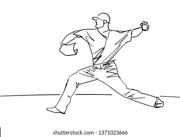 Pitcher throwing ball. Black outline. Baseball player in motion. Active pose. Abstract isolated drawing. Vector contour silhouette. Hand drawn sketch.