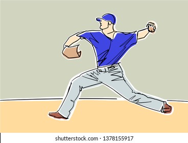Pitcher throwing ball. One baseball player in motion. Vector flat illustration. Isolated black contour and colors. Active pose. Abstract drawing. Hand drawn sketch.