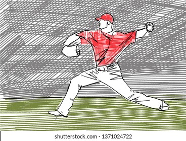 Pitcher throwing ball at the stadium. Colorful illustration. One baseball player in motion. Active pose. Abstract isolated drawing. Vector hand drawn sketch.