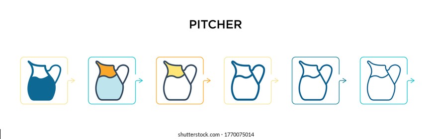 Pitcher vector icon in 6 different modern styles. Black, two colored pitcher icons designed in filled, outline, line and stroke style. Vector illustration can be used for web, mobile, ui