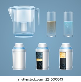 Pitcher water filter set with plastic jug for filtration, cartridges and glass of pure and dirty water. Household tool appliance for cleaning water at home. Realistic vector illustration