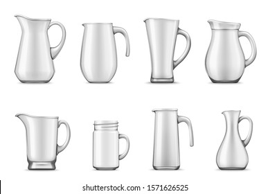 Pitchers, jugs and jar mug 3d vector design. Empty white ceramic or porcelain tableware of realistic cup and containers with handles and spouts, kitchen utensils and kitchenware themes