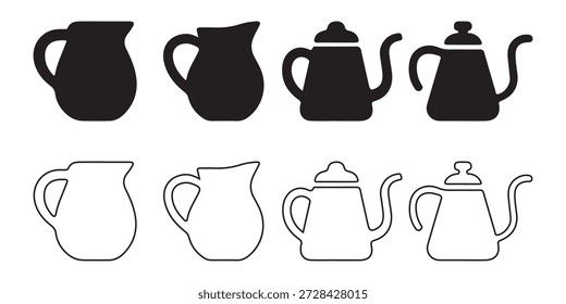 Pitcher und Kessel-Icons Set. Symbole für Volumenkörper und Umrisse, einzeln auf weißem Hintergrund.