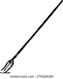 A pitchfork is an agricultural tool with a long handle and tynes used to lift and pitch or throw loose material, such as hay, straw or leaves., vintage line drawing or engraving illustration.