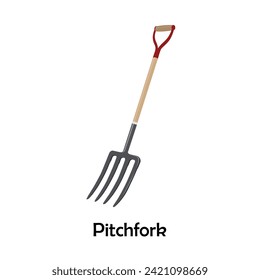 Pitchfork farbige Illustration flacher Vektorgrafik. Arbeitsinstrument für Gärtner, Landwirte. DIY-Werkzeug. Gartenwerkzeug