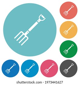 Pitchfork flat white icons on round color backgrounds
