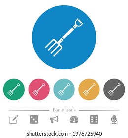 Pitchfork flat white icons on round color backgrounds. 6 bonus icons included.