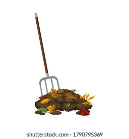 Pitchfork Gathering Topsoil with Foliage as Organic Fertilizer for Soil and Plant Growth Vector Illustration