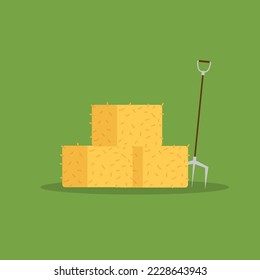 pitchfork and hay bales vector.Farm equipment with green background