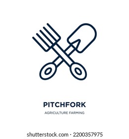 Pitchfork Icon From Agriculture Farming And Gardening Collection. Thin Linear Pitchfork, Equipment, Tool Outline Icon Isolated On White Background. Line Vector Pitchfork Sign, Symbol For Web And