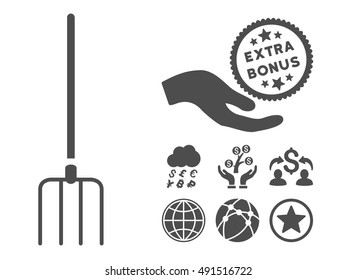 Pitchfork icon with bonus pictogram. Vector illustration style is flat iconic symbols, gray color, white background.