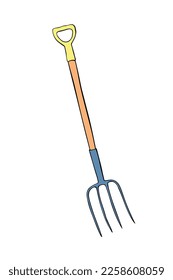 Pitchfork icon. Gardening equipment. Hand drawn colorful vector illustration in doodle flat style, isolated. Tool for working in garden, on farm, country site