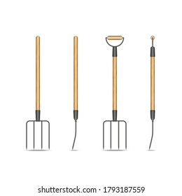 Pitchfork isolated on white background side and front view, hand farming tool clipart, realistic 3d vector illustration