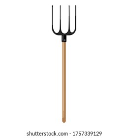 Pitchfork on white background isolated. Metal hayfork  with wooden hand in style flat. Garden tool vector illustration design.