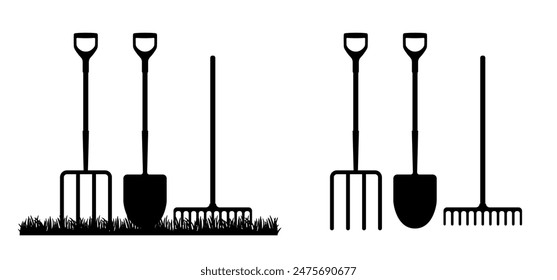 Pitchfork, scoop, spade, rake icon, set garden tools. Leaf rake for gardening. Cartoon farming logo. Agriculture tool. Garden maintenance. Farmer or  farm  gardener. Hayfork for lifting bales of hay.