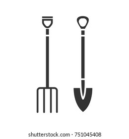 Pitchfork and shovel glyph icon. Agricultural tools. Silhouette symbol. Negative space. Vector isolated illustration