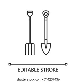 Pitchfork and shovel linear icon. Agricultural tools. Thin line illustration. Contour symbol. Vector isolated outline drawing. Editable stroke