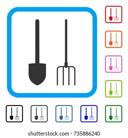 Pitchfork And Shovel Tools icon. Flat grey iconic symbol in a light blue rounded rectangular frame. Black, gray, green, blue, red, orange color variants of Pitchfork And Shovel Tools vector.
