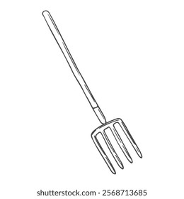 Pitchfork sketch for agricultural work with hay and grass, vector pitchfork simple drawing