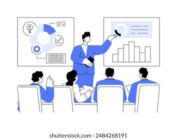 Idea de lanzamiento para la Ilustración vectorial abstracta del concepto del inversor. Propietario de una empresa emergente en la reunión con inversores, estrategia de negocios, programa financiero, recaudación de dinero, financiación de riesgo metáfora abstracta.