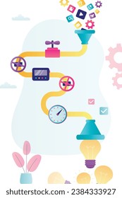 Pitching ideas, brainstorming. Ideas generator, pipeline and pipe system with bright light bulb to generate and control launching startup. Working process, business mechanism. flat vector illustration