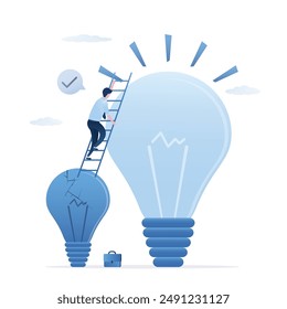 Pitching new ideas. Smart businessman climb ladder from small broken light bulb to the big one solution and creative idea. Business transformation, transition to better innovative company. flat vector